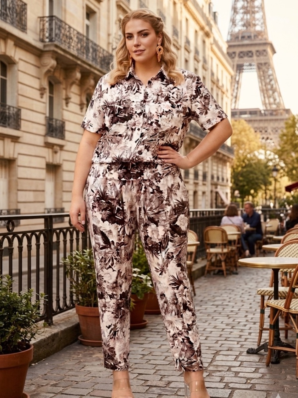 Allyson Whitmore Black and Cream Tropical Button Shirt Cotton